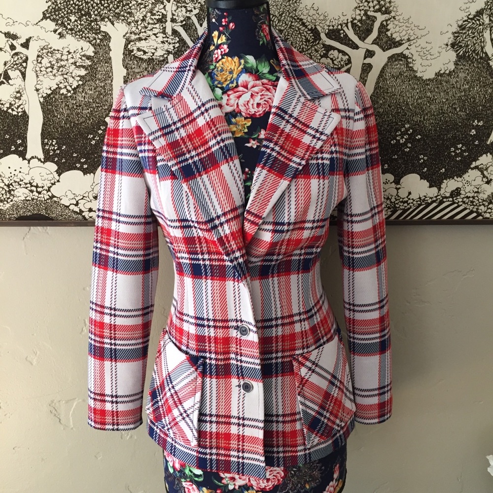 Tailored Red & Navy Plaid Women's Blazer